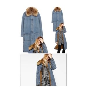 Zara long denim jacket with faux fur collar